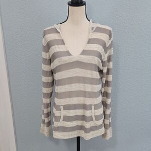 CHICOS Striped Hoodie V Neck Swester Linen Lightweight SZ 2 M/L